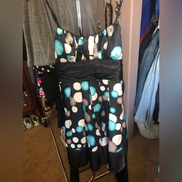 Y2K teal and black polka dot dress w tie back - Picture 3 of 4